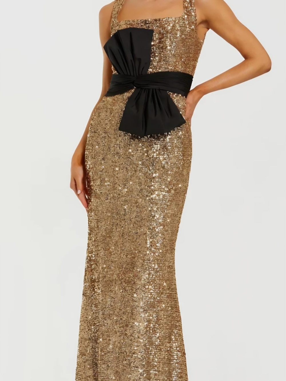 Mac Duggal Gold Sequin Maxi Dress with Black Bow